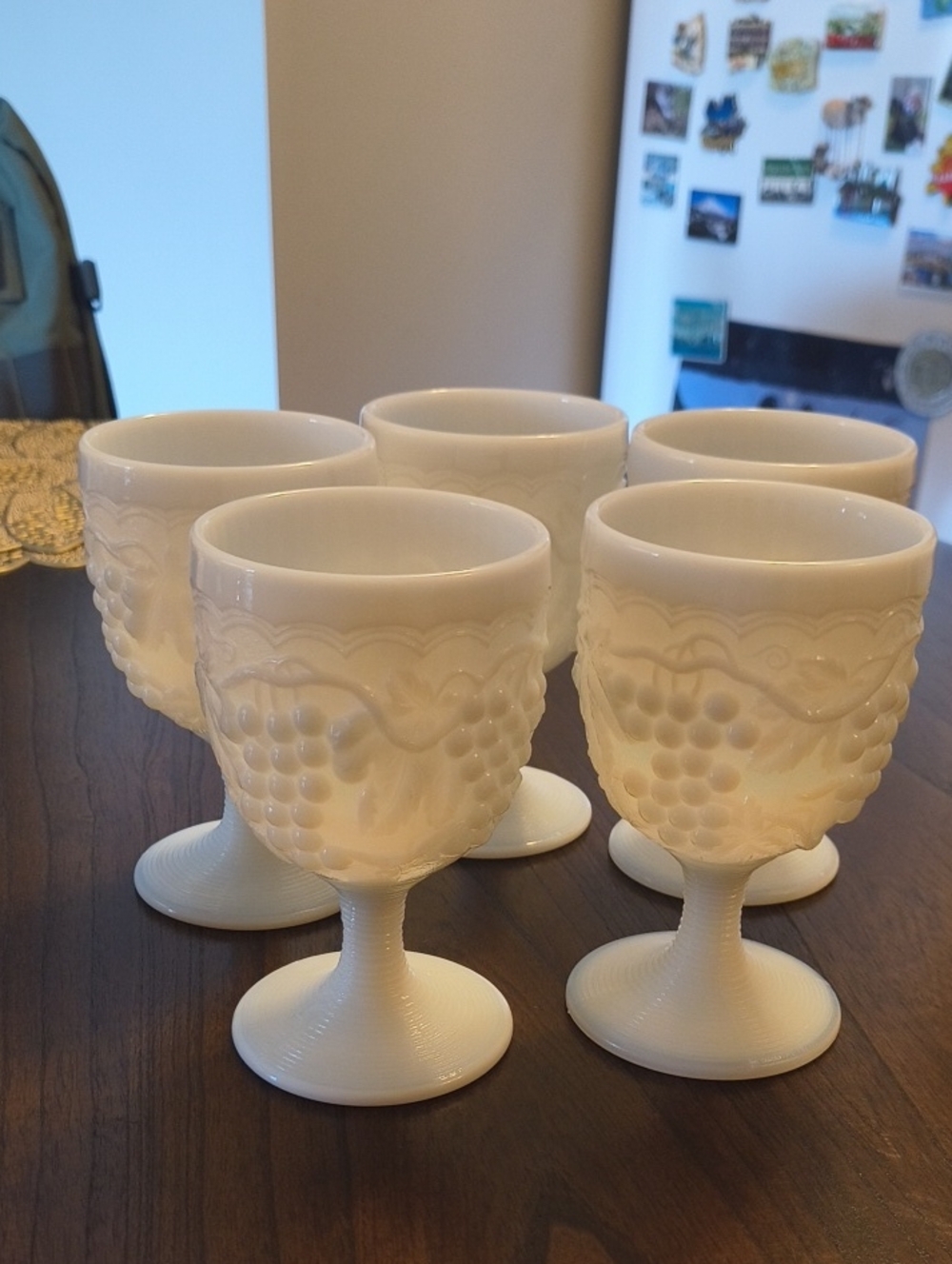 Set of 5 White Milk Glass Goblets with Grapevine Motif